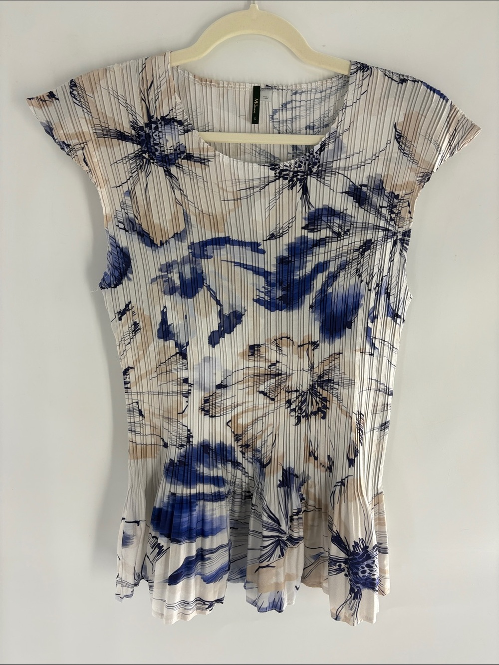 Malou Large Pleated Floral Tunic Top Blue Beige White Abstract Blouse - Picture 2 of 6